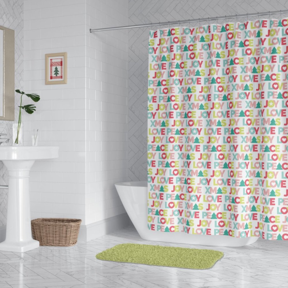 Holiday Christmas PEVA Shower Curtain, Peace Love Joy XMAS, 70 in x 72 in